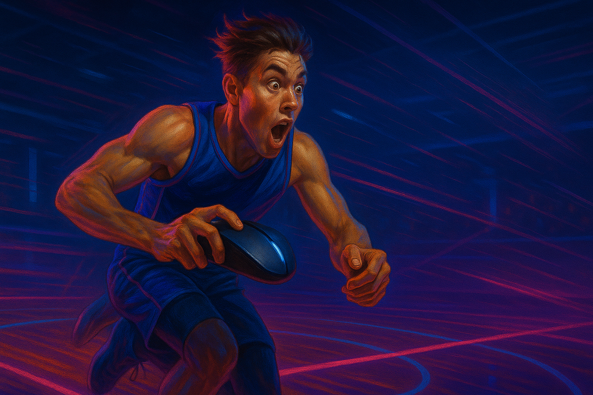 Intense action moment of a high-speed indoor basketball match with players in custom racing-style sports chairs, dramatic lighting, motion blur, cinematic realism