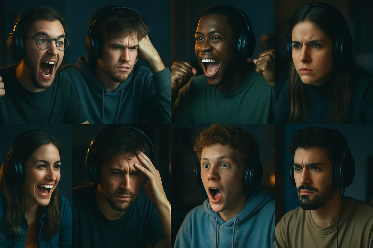 Split-screen showing emotional gamer reactions, one side cheering with joy, the other frustrated in defeat, neon background, dynamic composition