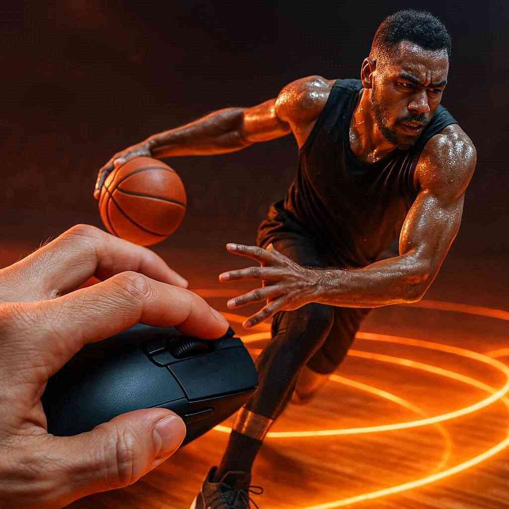 Close-up of hands gripping futuristic game controller, tension in fingers, blurred background of an intense sports match