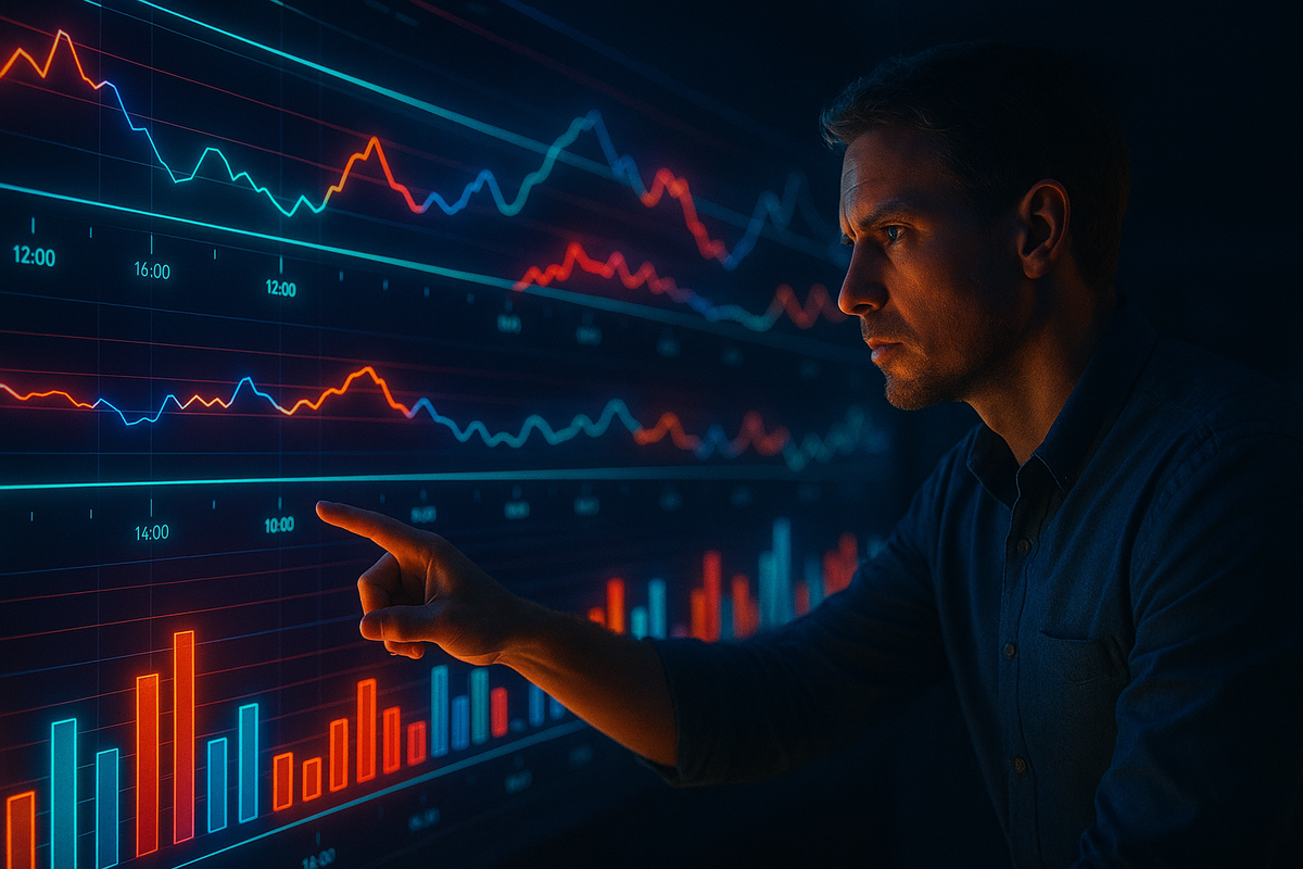 High-energy visualization of colorful bar and line graphs exploding with data points, hands pointing at key peaks, dynamic lighting, cinematic style, no logos