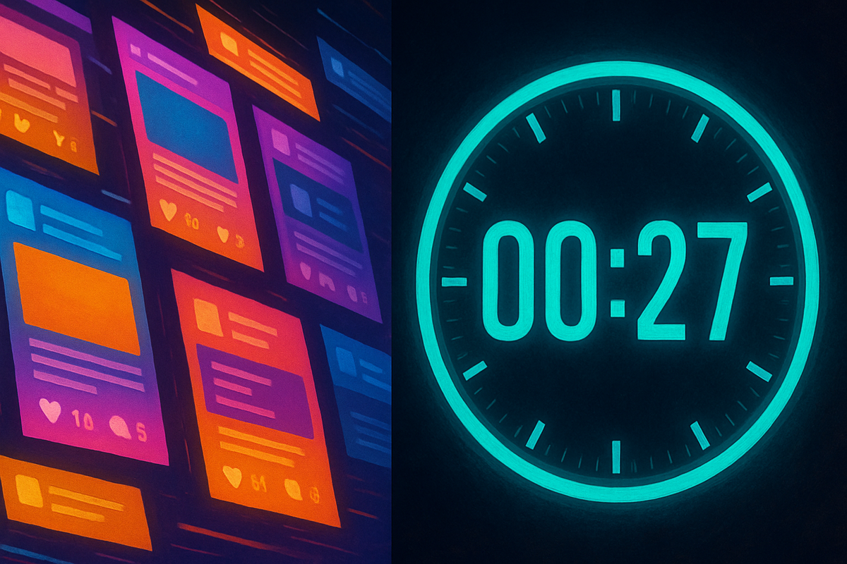 Intense close-up of multiple smartphone screens displaying social media feeds, rapid updates and notifications, glowing in a dark room, cinematic realism, no logos