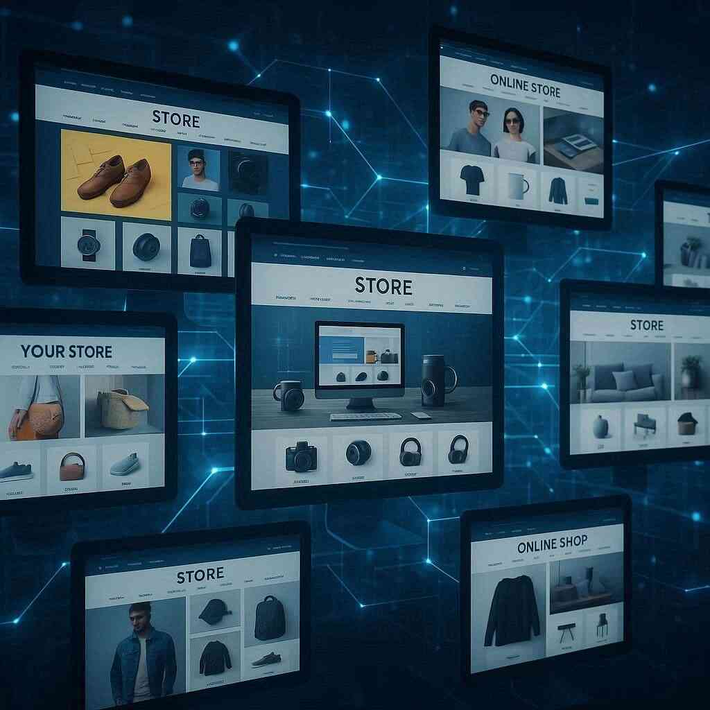 Split-screen comparison of two vibrant online store dashboards with synchronized stock level changes, dramatic contrast in colors, cinematic detail, no logos