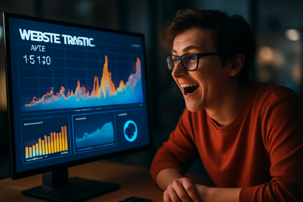Dynamic scene of website analytics dashboard with traffic spikes highlighted in vivid colors, user silhouettes reacting in excitement, cinematic realism, no logos