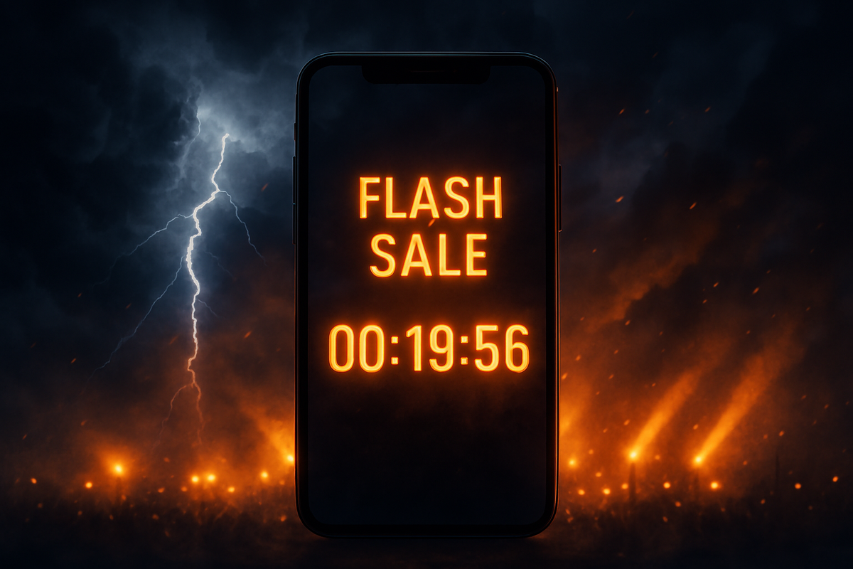 Amid lightning and roaring flames, a smartphone screen ignites with “FLASH SALE” and a blazing timer — a storm-charged moment of thrill and unstoppable urgency.