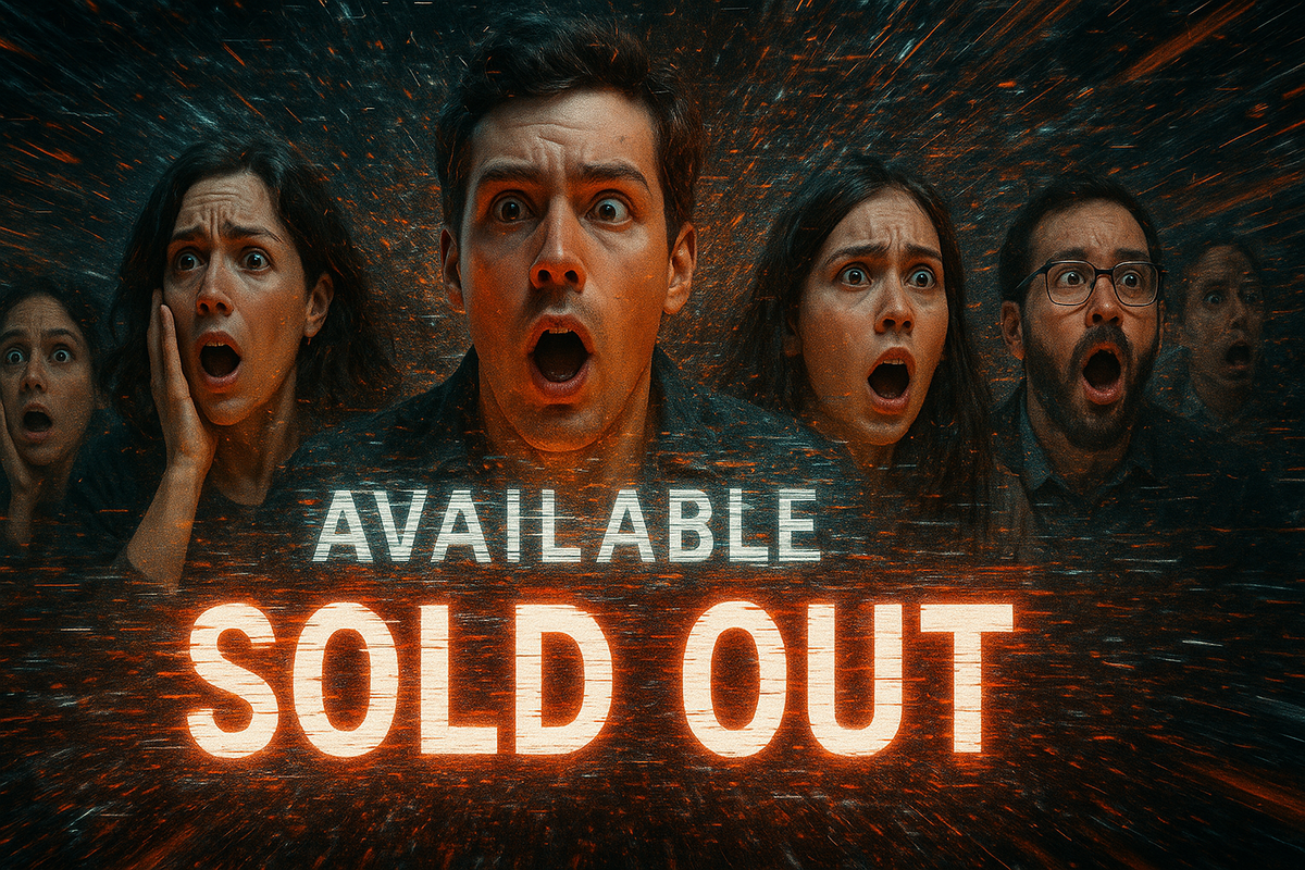 Shocked faces of people staring in disbelief as AVAILABLE instantly turns into SOLD OUT, overwhelming surprise, tension and heartbreak captured in one explosive moment
