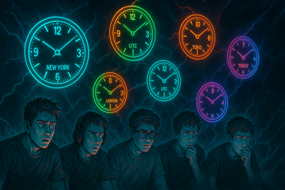 Anxious gamers under glowing neon world clocks, tense expressions as they calculate the perfect buying moment, electrified anticipation and storm of waiting
