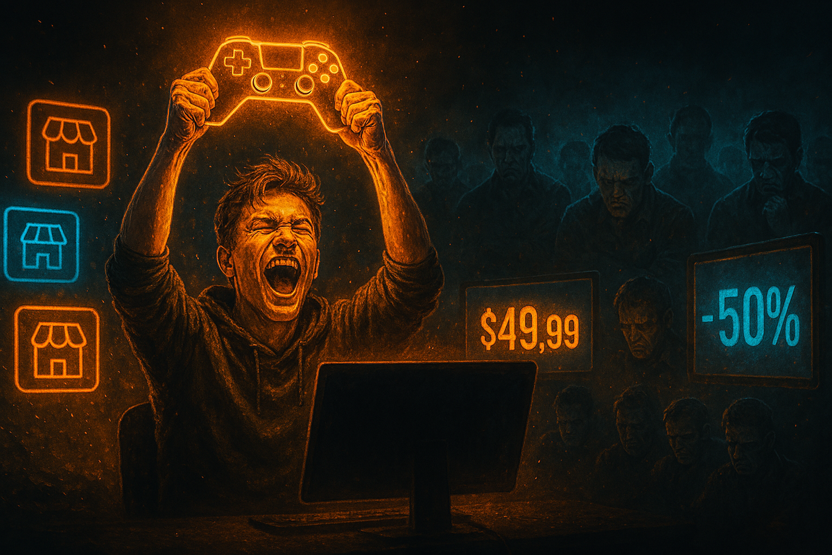 Ecstatic gamer raising glowing controller in triumph, pure joy and adrenaline rush of victory, while defeated crowd sinks into shadows of bitter disappointment