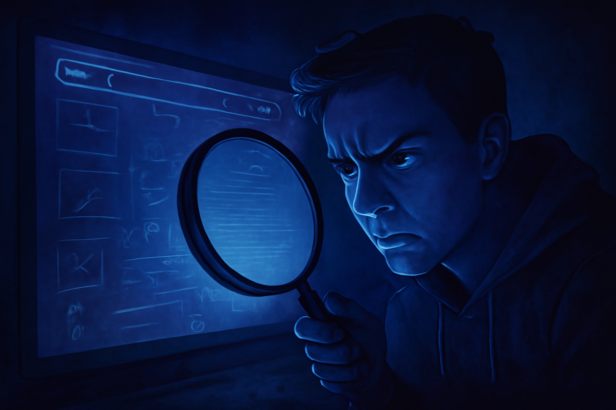 Intense man with magnifying glass searching glowing website for secret clues, determined focus mixed with frustration, mysterious hunt for hidden answers