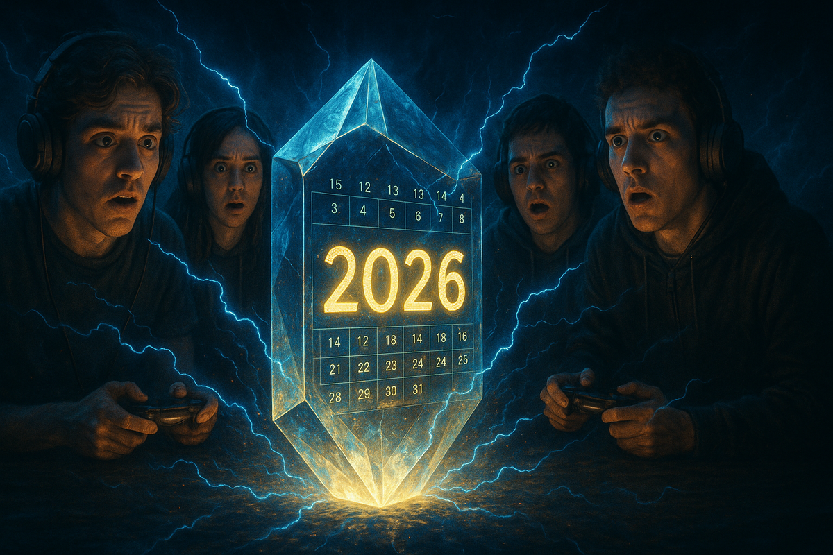 Shocked gamers staring at glowing crystal calendar marked 2026, lightning energy sparking around, intense anticipation and awe for the long-awaited release date