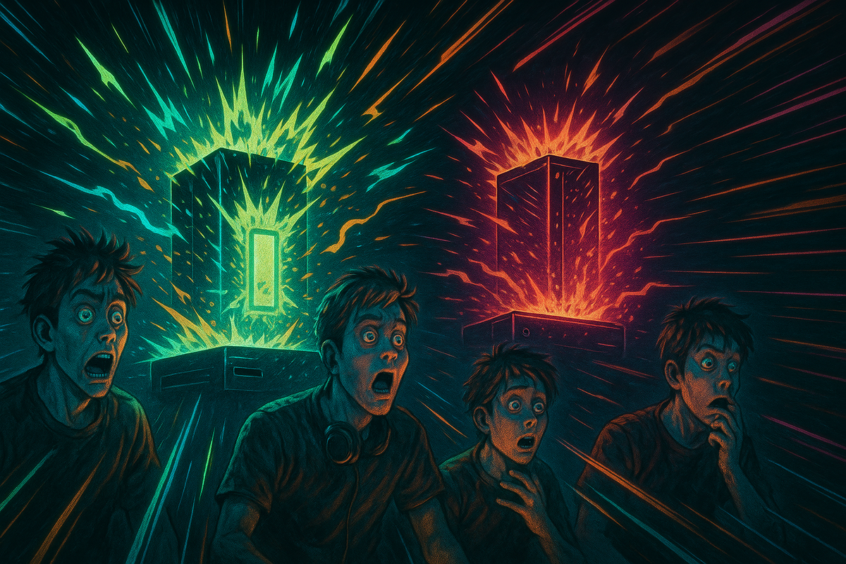 Wide-eyed gamers stunned by exploding consoles, neon bursts of power and shockwaves, dramatic clash of technology and raw emotional surprise
