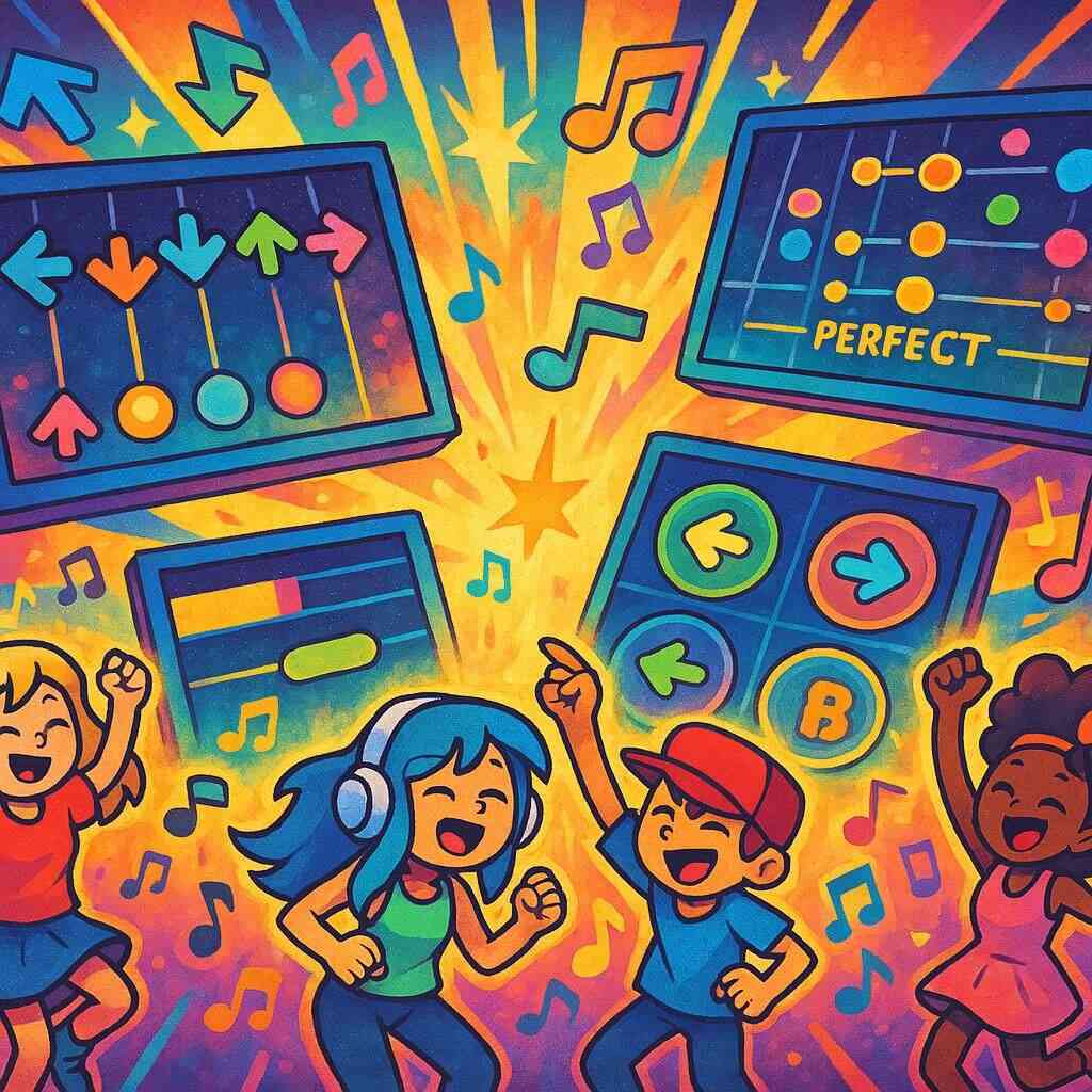Colorful cartoon gamers dancing in rhythm, glowing notes and arrows flying everywhere, pure happiness and playful chaos of rhythm game fun
