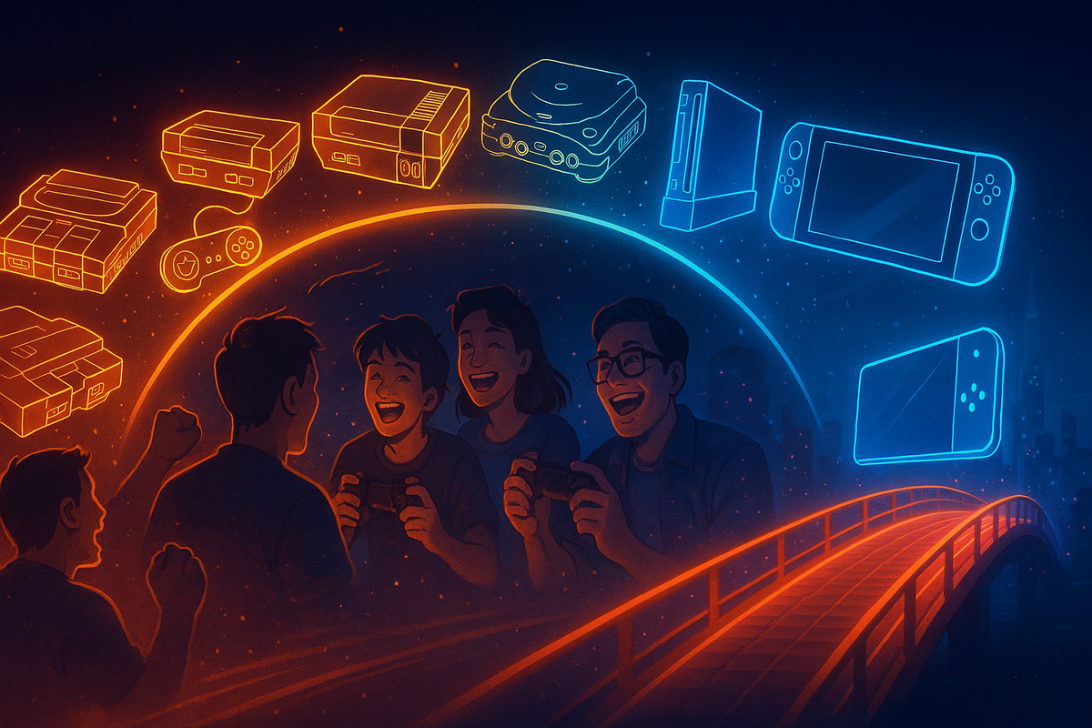 Joyful gamers on glowing bridge of history, surrounded by neon outlines of past consoles, nostalgia blending with futuristic excitement of the next generation