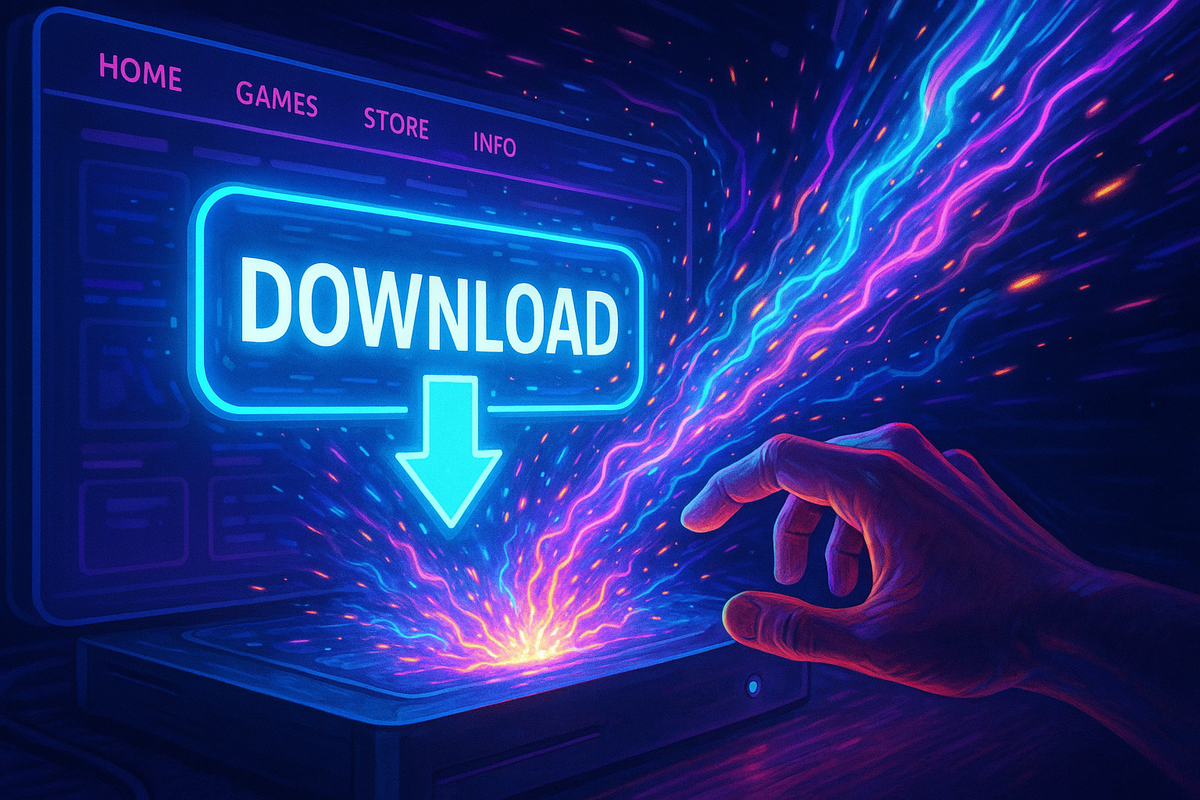 Digital download screen glowing on a futuristic console, player’s hand reaching to confirm download, neon interface, excitement and anticipation