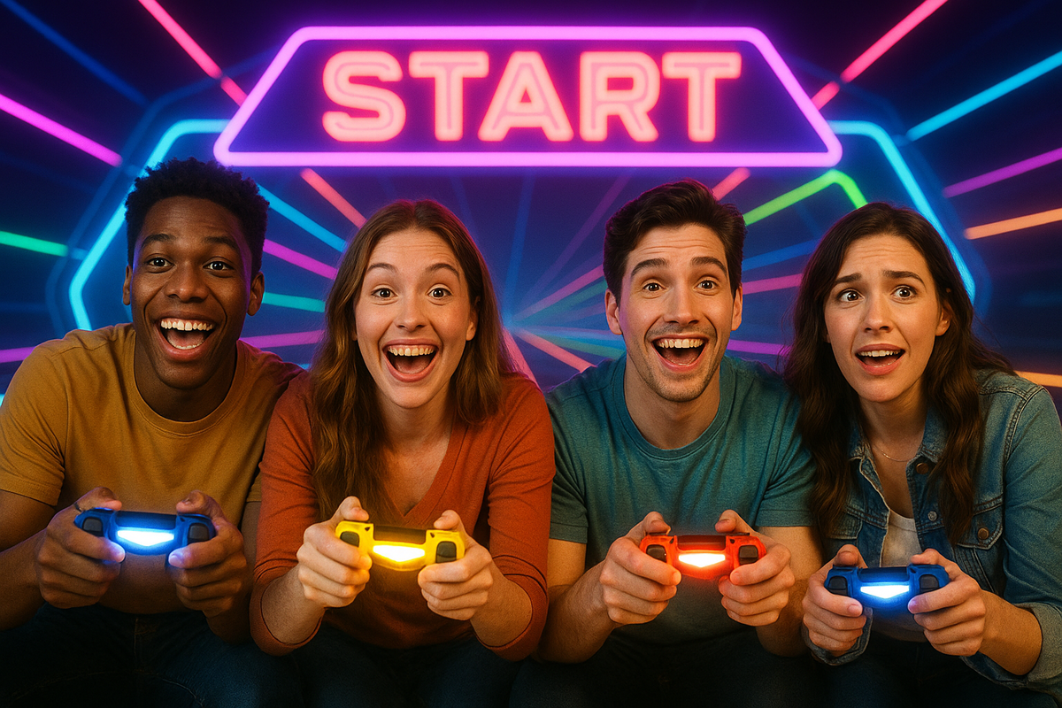 Hands gripping futuristic game controller tightly, countdown lights glowing on racetrack in background, tension and excitement of race start