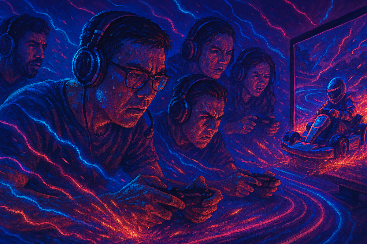 Intense gamer leaning forward with controller, neon trails of drifting cars on racetrack in background, speed and mastery energy