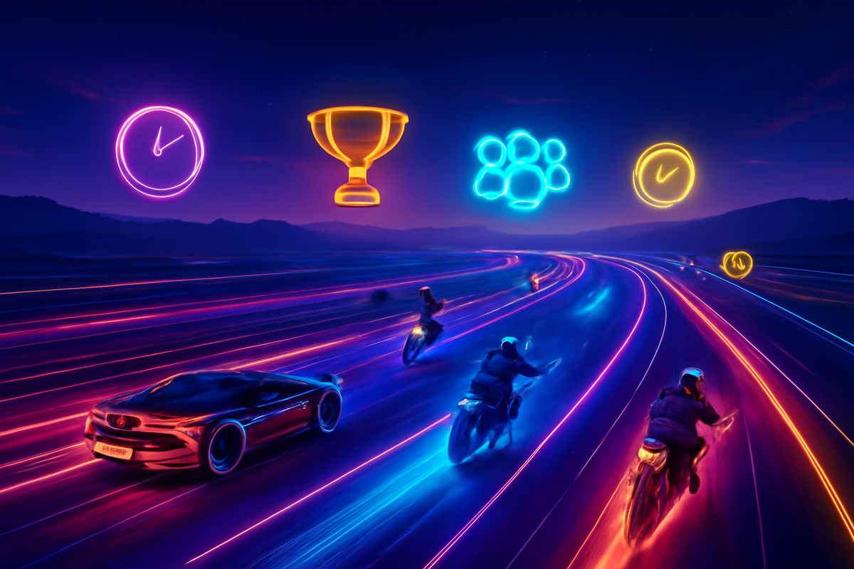 Vast neon open world racetrack stretching into the horizon, glowing futuristic cityscape, sense of endless exploration and discovery