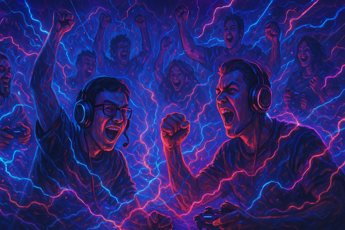 Crowd of gamers connected through glowing holographic network, avatars racing in virtual world, vibrant energy of online competition