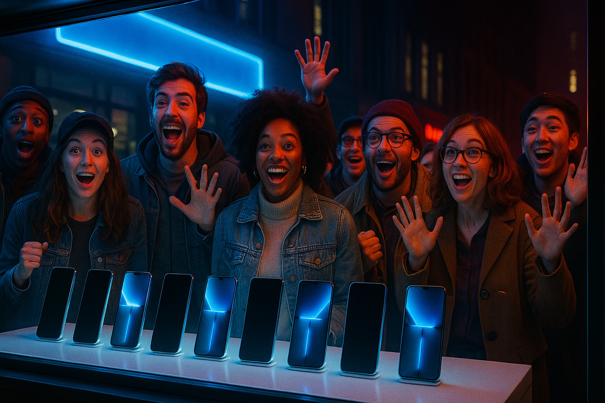 Excited shoppers exploring shiny new iPhones in a glowing electronics store, filled with curiosity and desire