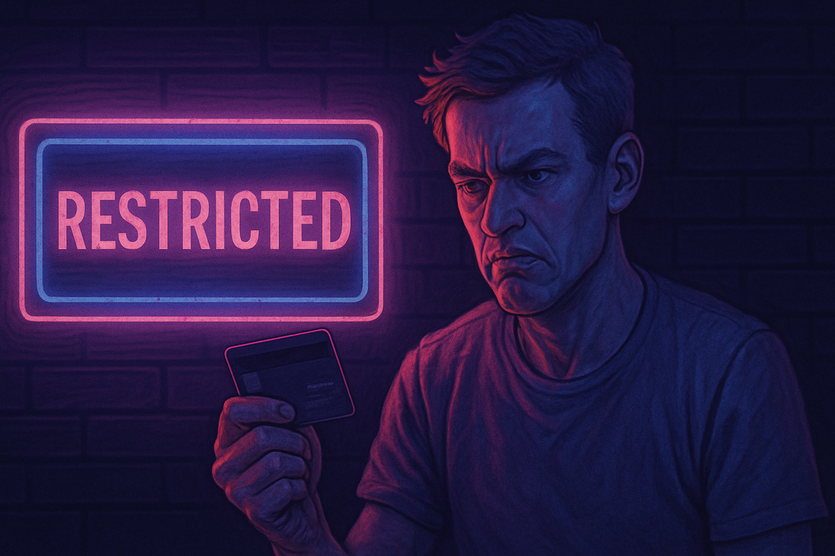 Frustrated customer gripping a credit card tightly under neon store lights, showing the stress of hidden purchase restrictions