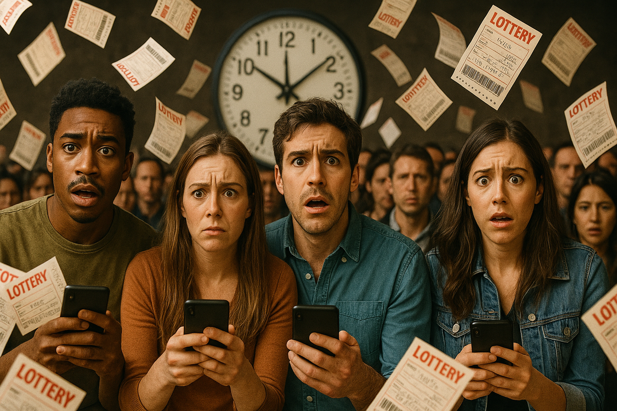 Anxious people waiting in line and checking phones nervously, capturing the tension of lottery and sudden sales