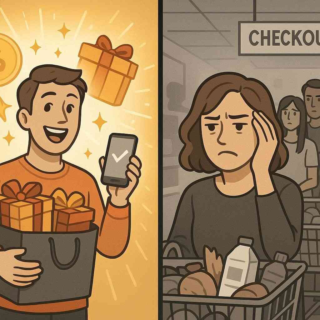 Split emotion between joy of earning reward points and stress of high costs, reflecting both sides of iPhone shopping
