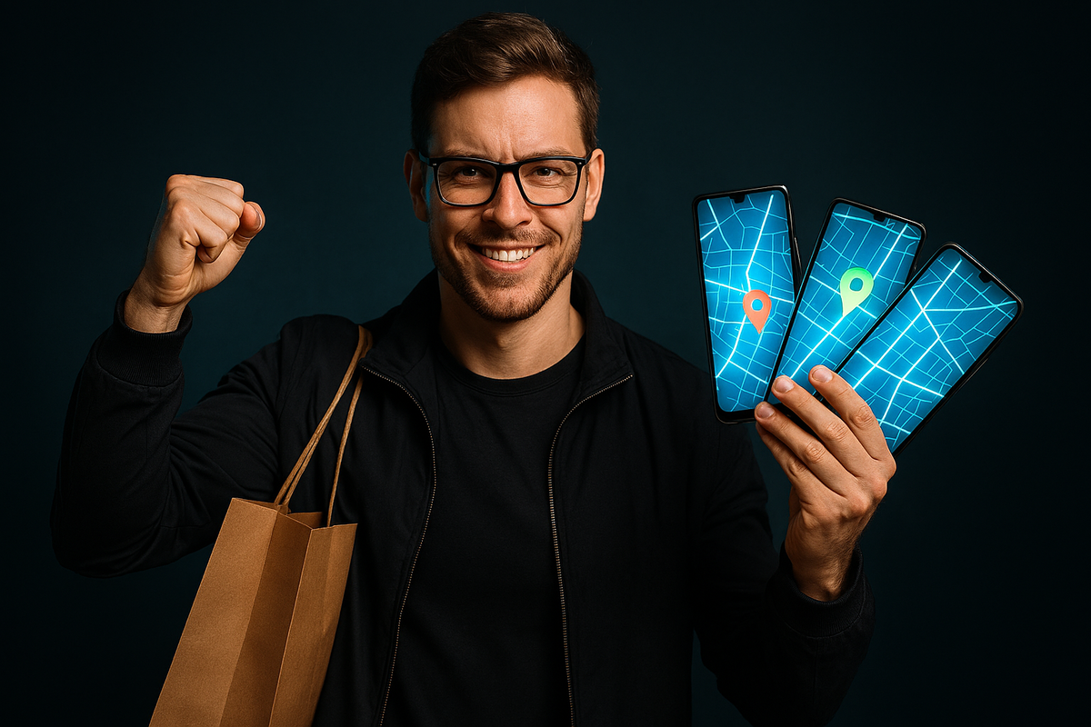 Determined shopper researching late at night on multiple screens, showing focus and hope to finally win an iPhone