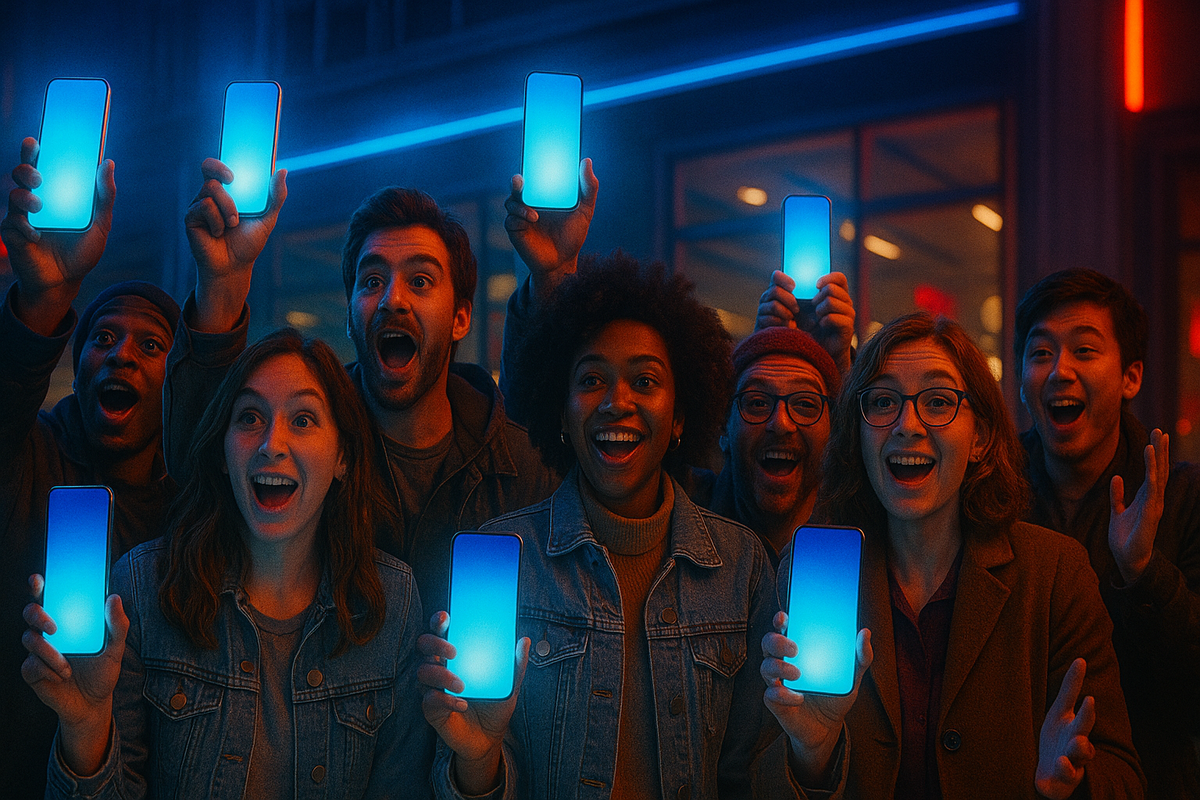 A group of friends cheering with glowing smartphones, their faces lit with awe and pure excitement, capturing the magic of connection and digital wonder.