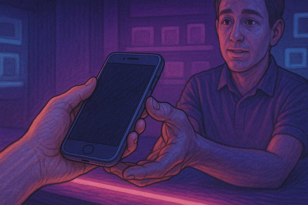 A man hesitantly handing over his phone, a mix of worry and trust in his eyes, bathed in moody neon light that intensifies the emotional tension.