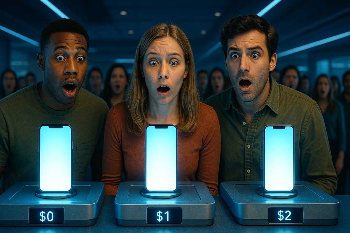 Three shocked friends staring at glowing smartphones labeled with tiny prices, their expressions full of disbelief and wonder at the unbelievable deal.