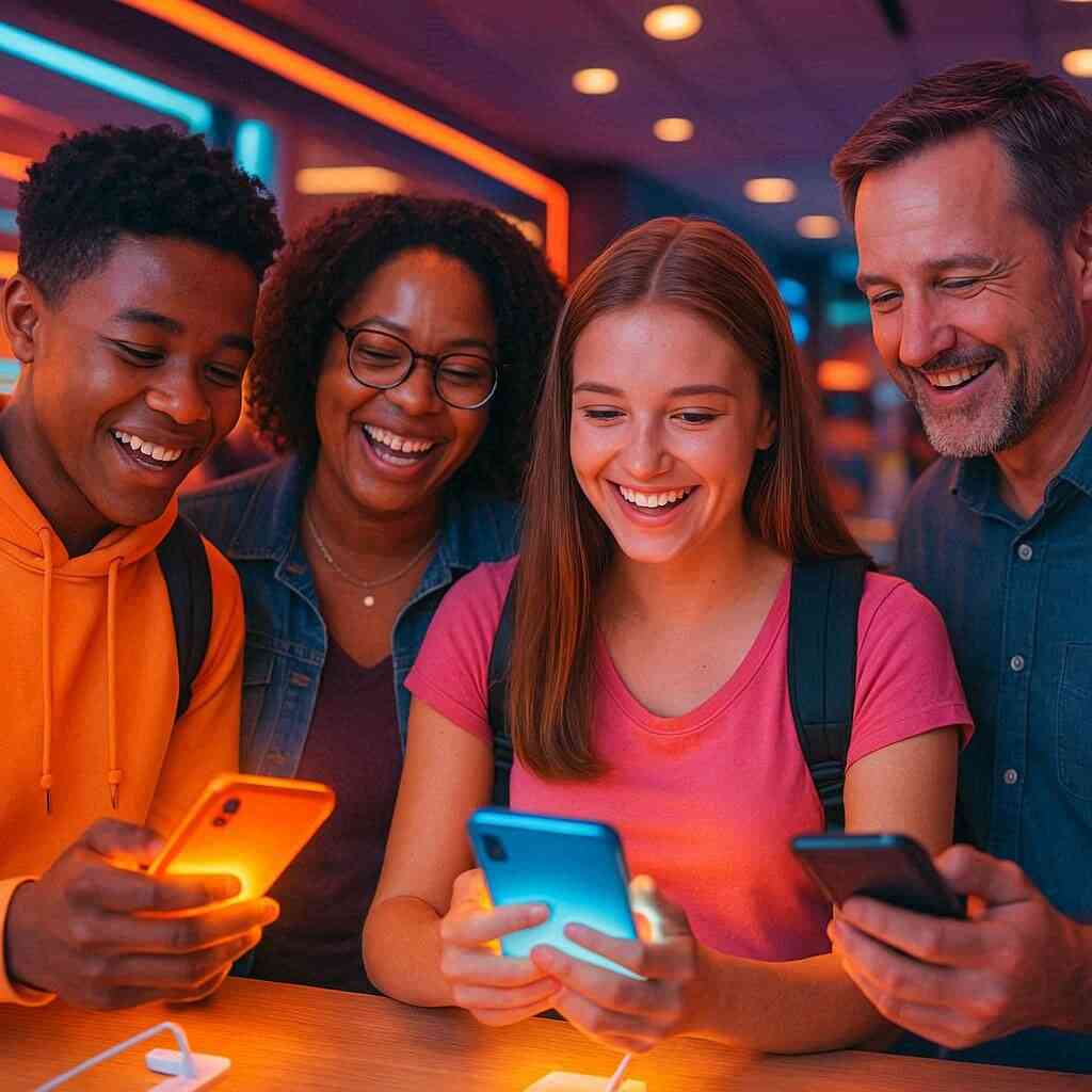 A joyful group gathered around glowing smartphones, sharing laughter and happiness, their faces shining with warmth and the thrill of discovery.