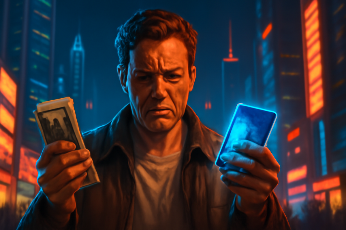 A man standing in a neon cityscape, torn between stacks of money and a glowing phone, his conflicted face filled with tension and emotional struggle.