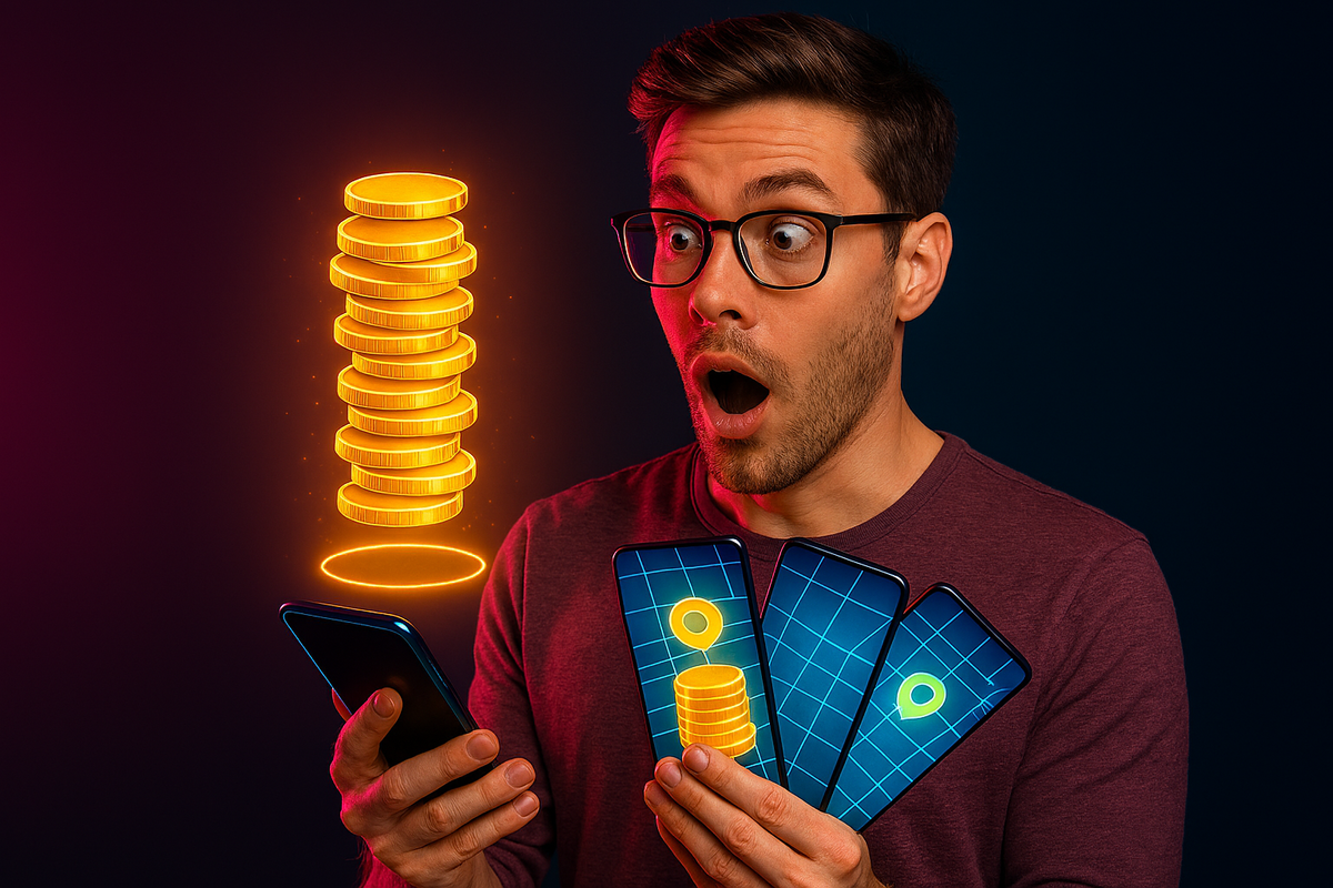 A young man holding glowing smartphones with floating golden coins, his wide-eyed amazement radiating joy, wonder, and the thrill of digital treasure.