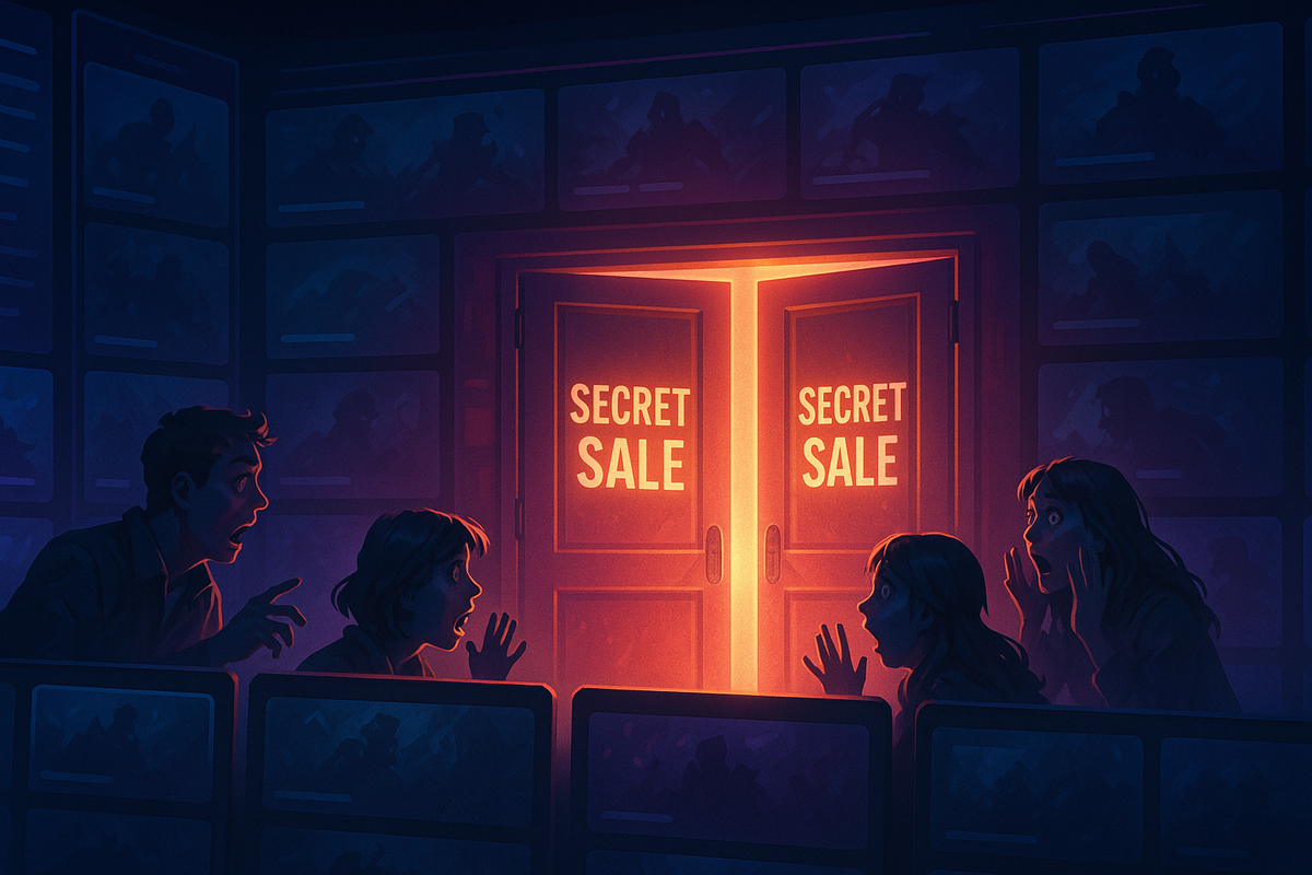 Excited gamer staring at a glowing digital screen, overwhelmed by the thrill of a secret sale reveal.