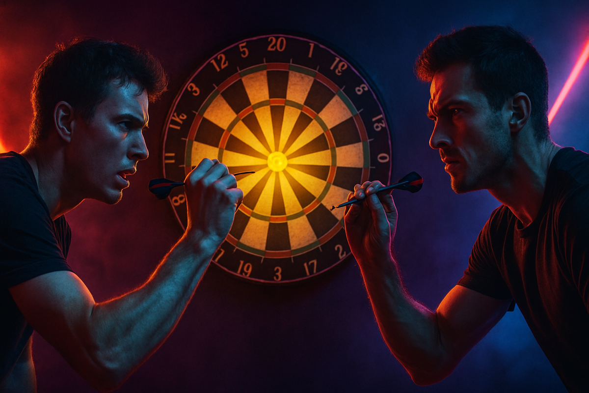 Fiery darts hitting a radiant bullseye, symbolizing intense strategy and the dream of winning against impossible odds.