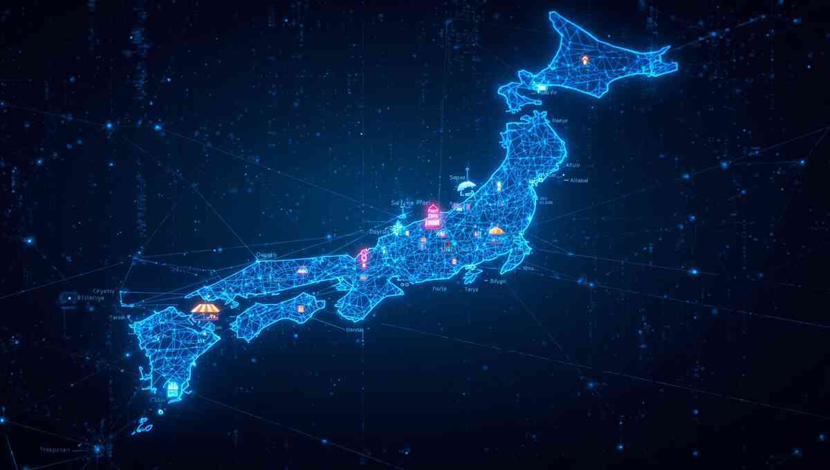Digital glowing map of Japan with highlighted hotspots, representing nationwide Yodobashi store sales data and real-time restock activity.
