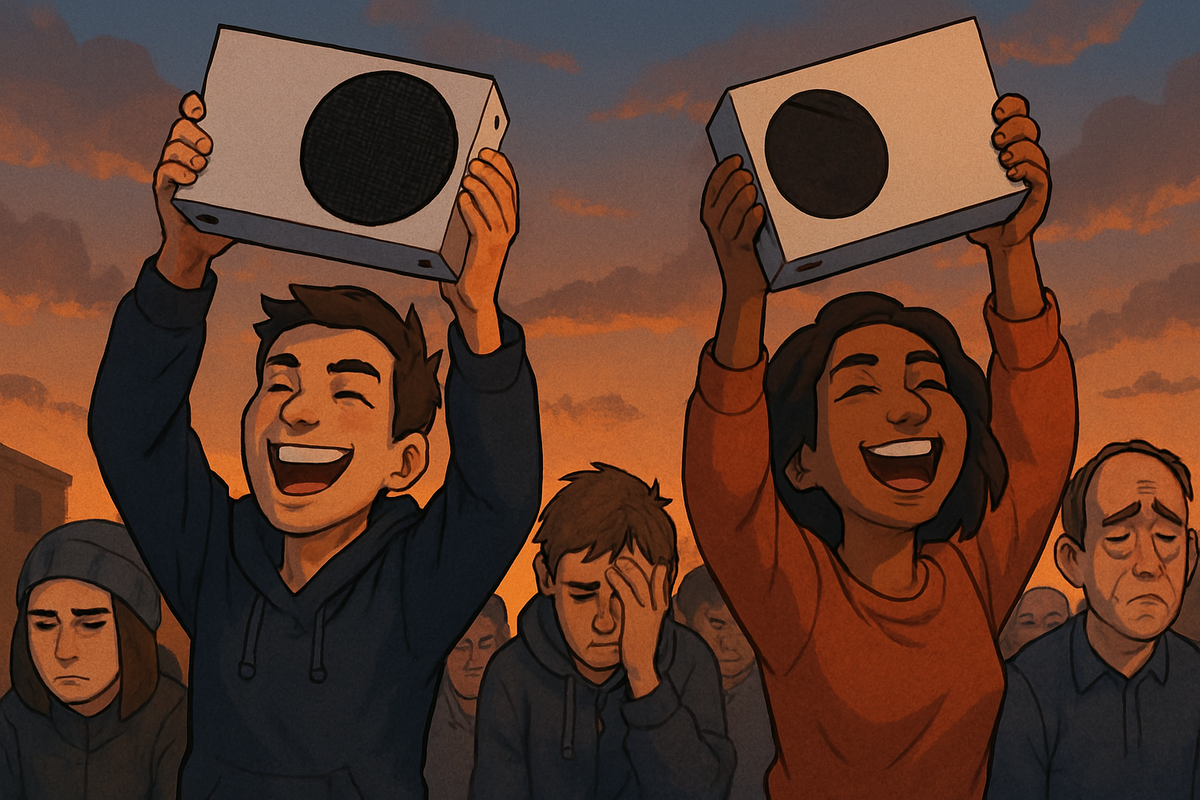 Emotional split scene of a joyful shopper holding their new console triumphantly versus a disappointed gamer walking away empty-handed, strong human expressions of victory and loss