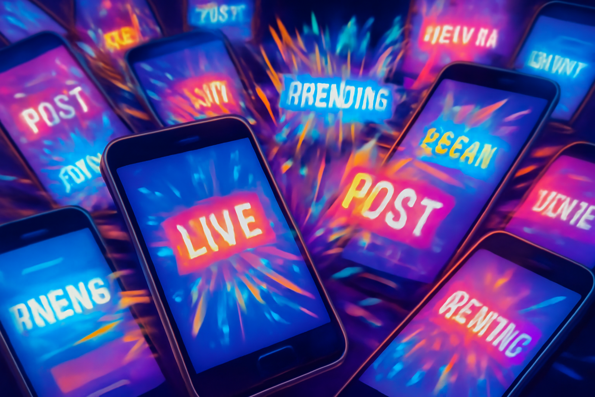 Dynamic glowing smartphone screens showing live social media posts, excited emojis, hashtags trending, a storm of notifications, emotional flood of digital reactions