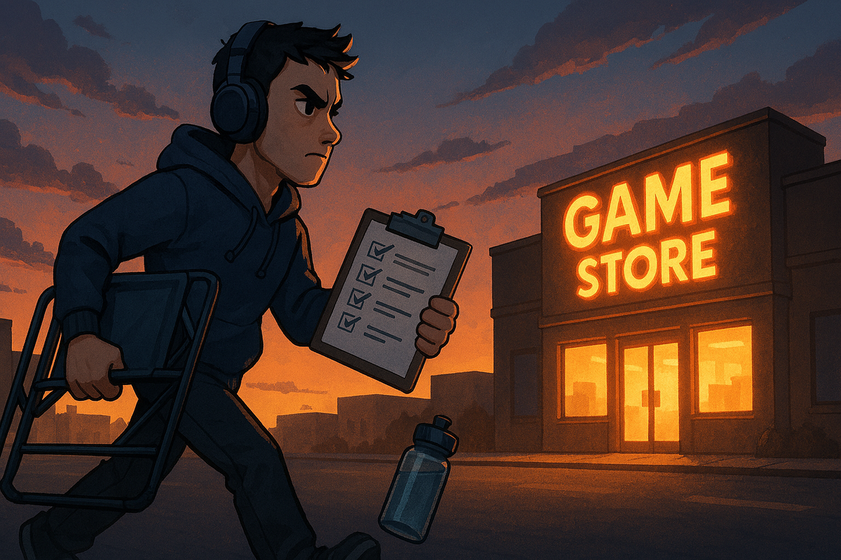 Motivated gamer planning with checklist, strategy notes, and highlighted arrival times, intense determination in their eyes, glowing path toward success