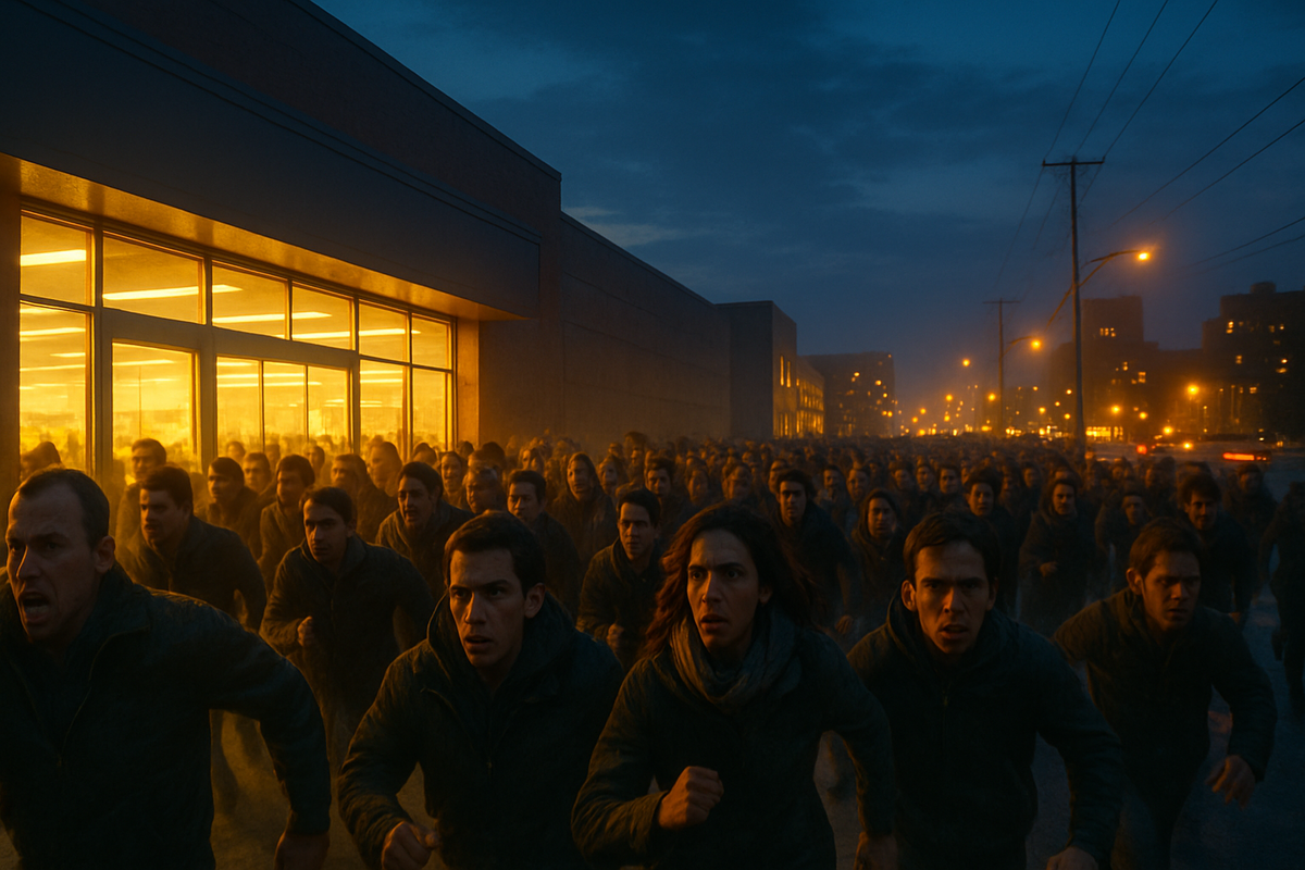A tense crowd outside a massive Japanese electronics store, anxious faces, clutching wallets and smartphones, dramatic morning light capturing the pressure and excitement of a surprise console sale