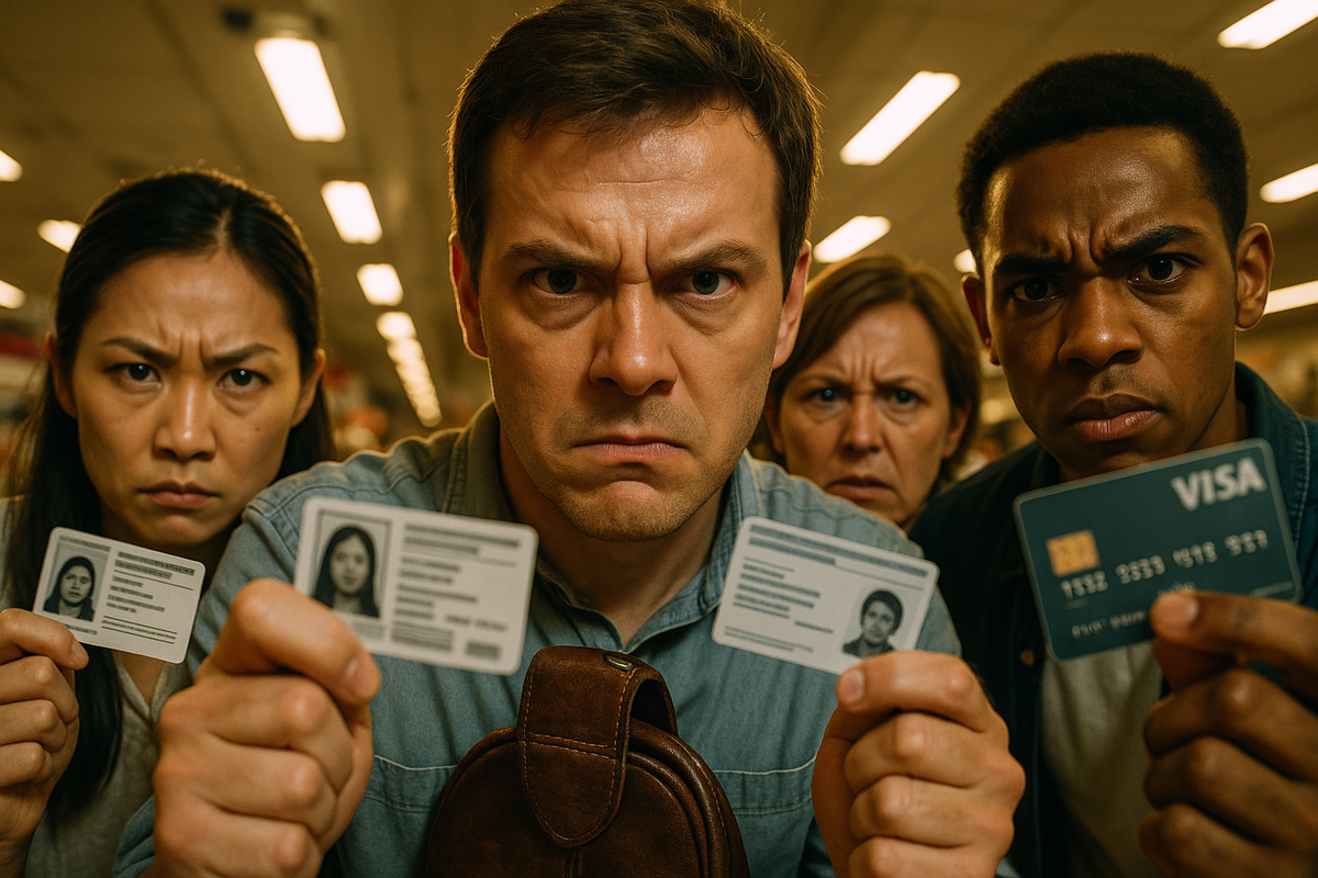 Frustrated shoppers showing ID cards and credit cards at a glowing counter, intense expressions of stress and determination, a strict official presence enforcing the rules