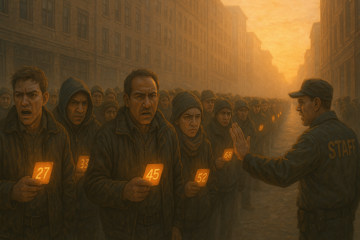 A long chaotic early morning line of people waiting, exhaustion mixed with hope, security staff handing out tickets with urgency, the rising sun highlighting tension