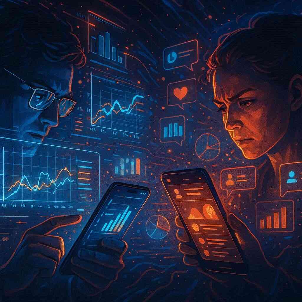 A glowing futuristic data dashboard filled with graphs and maps, emotional gamer faces lit by screens as they analyze stock trends, the atmosphere of high-stakes digital detective work