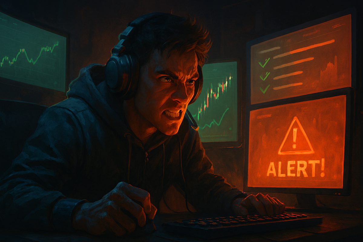 Determined gamer at a desk with multiple glowing monitors, sticky notes, and charts, eyes burning with focus as if planning a high-level mission to secure the console