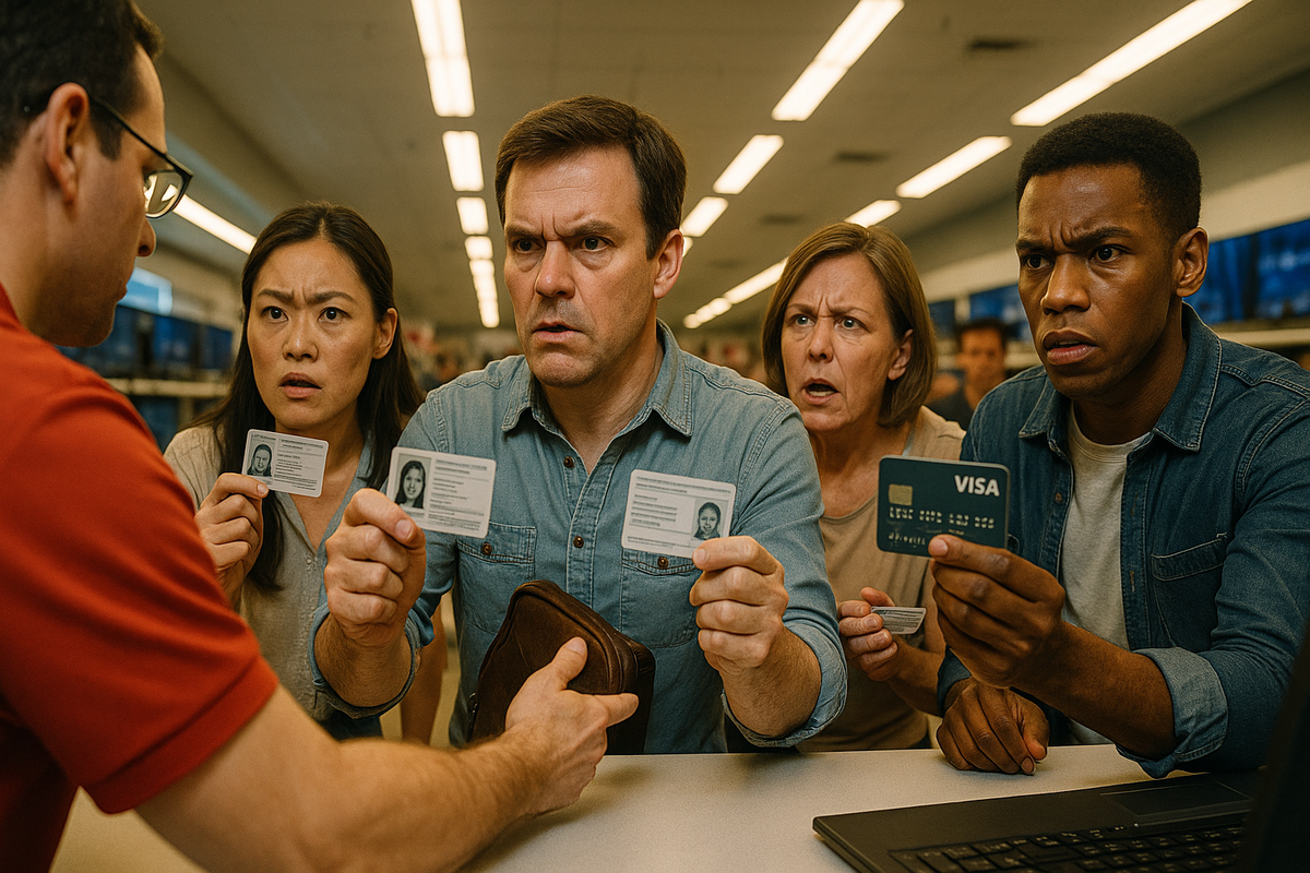 A tense group of people urgently showing IDs and credit cards, faces filled with shock, confusion, and desperate intensity