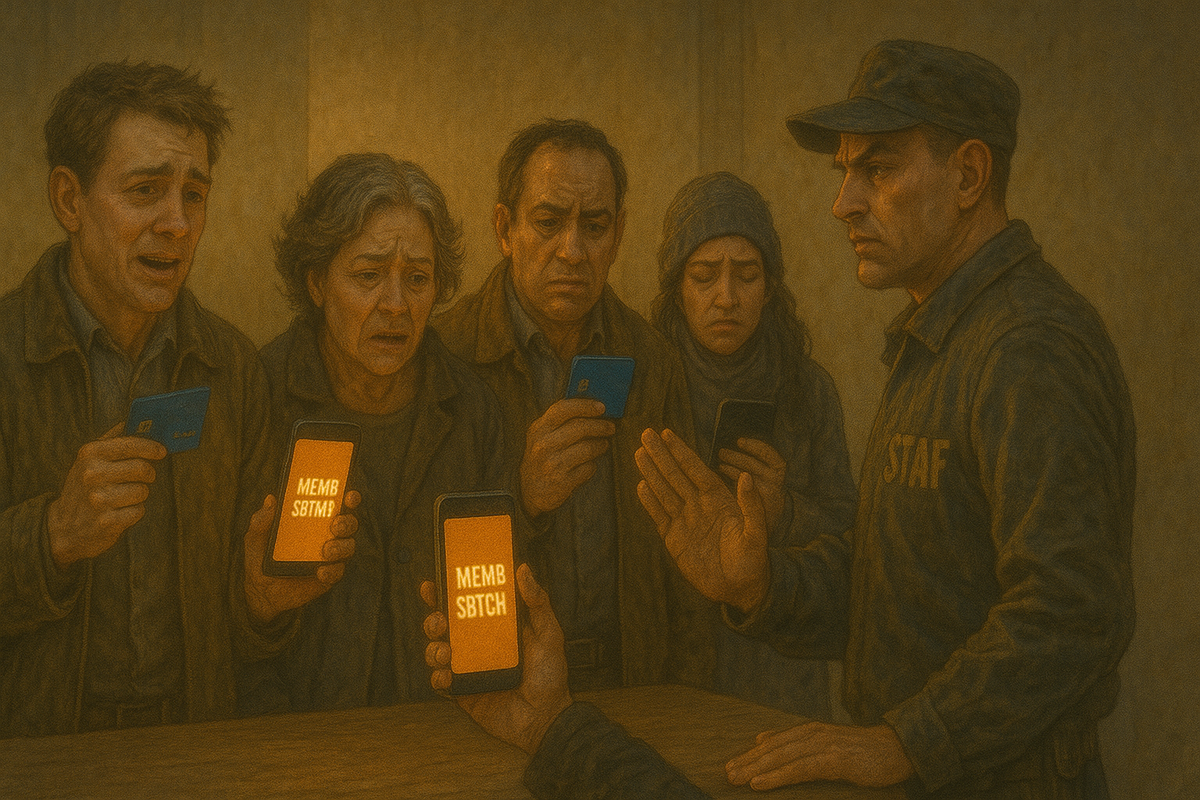 Anxious citizens holding glowing smartphones and cards in a dimly lit room, fear and uncertainty reflecting in their eyes