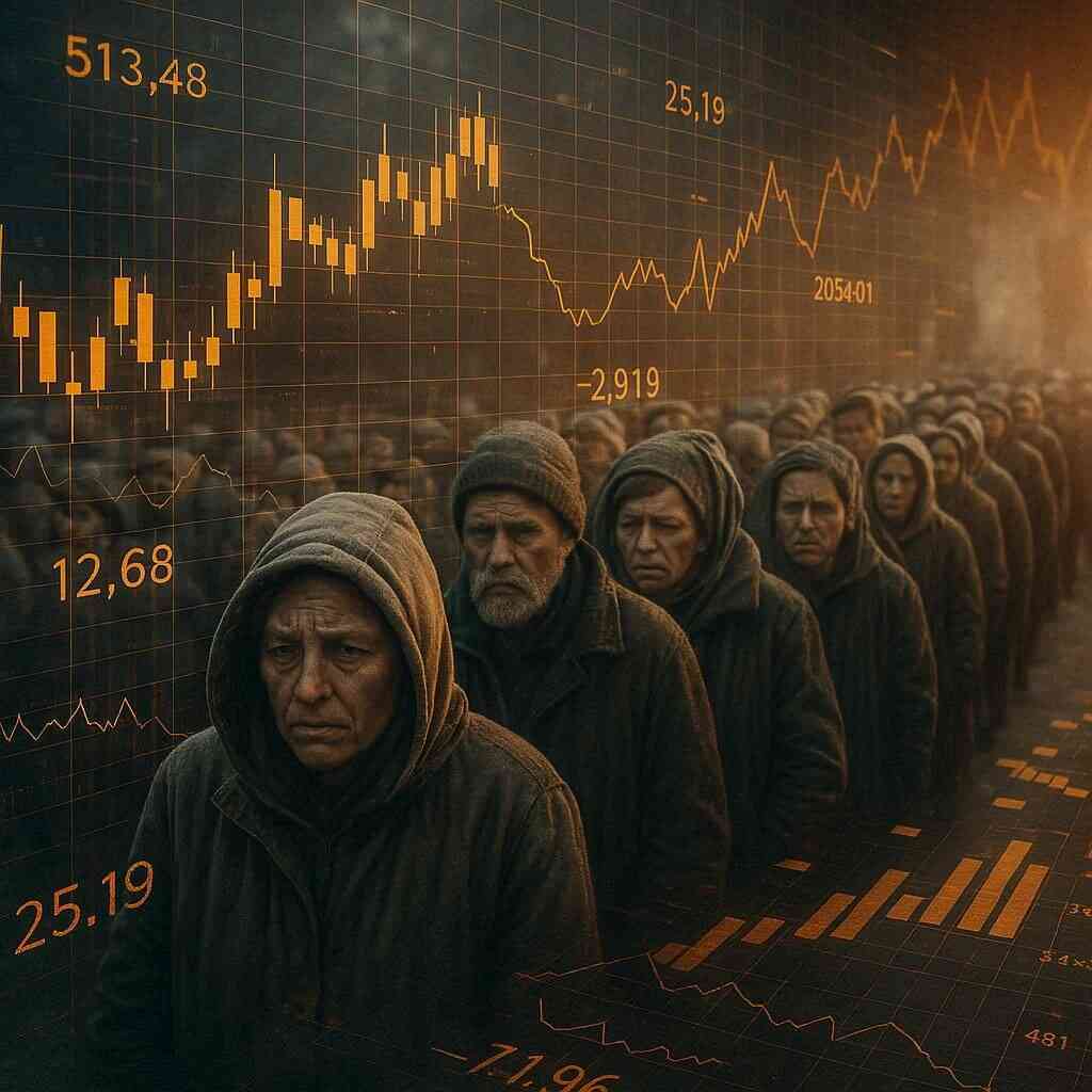 A somber line of weary people in hooded coats against a backdrop of glowing stock market charts, symbolizing despair and economic struggle