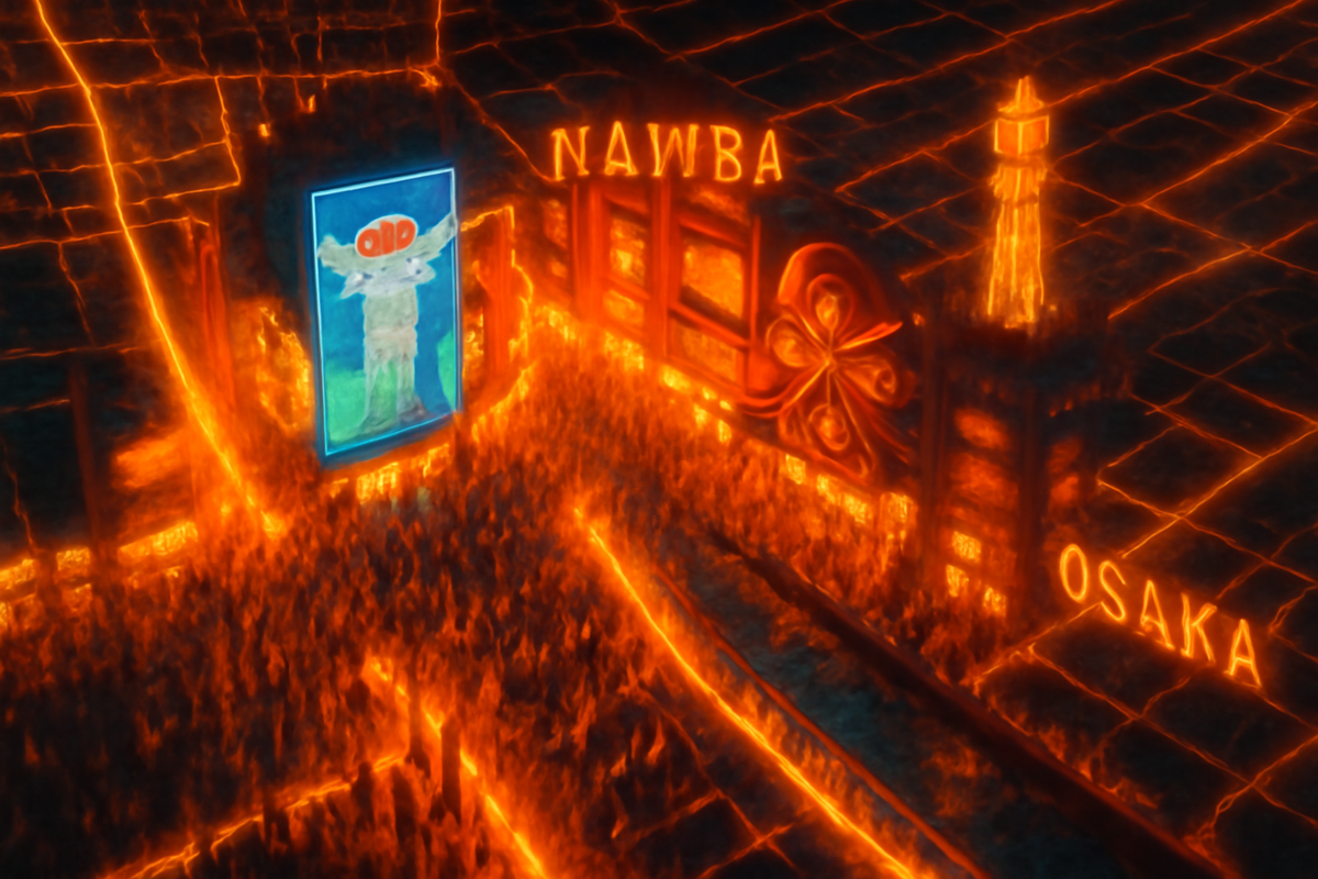 A glowing futuristic cityscape of Osaka’s Namba district, packed with endless crowds under blazing neon light and electric energy