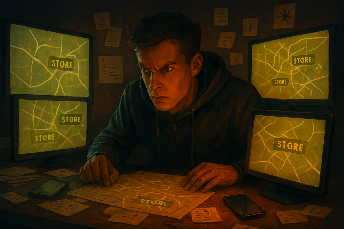 A determined man studying glowing maps across multiple screens, his intense gaze filled with obsession, strategy, and restless focus