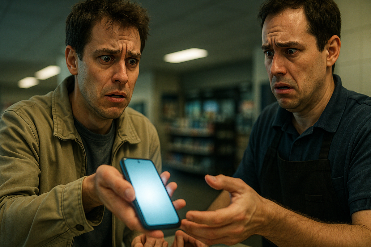 An emotional close-up of a stressed person carefully placing a smartphone into a return box, with worry and relief mixed on their face, under bright dramatic light  