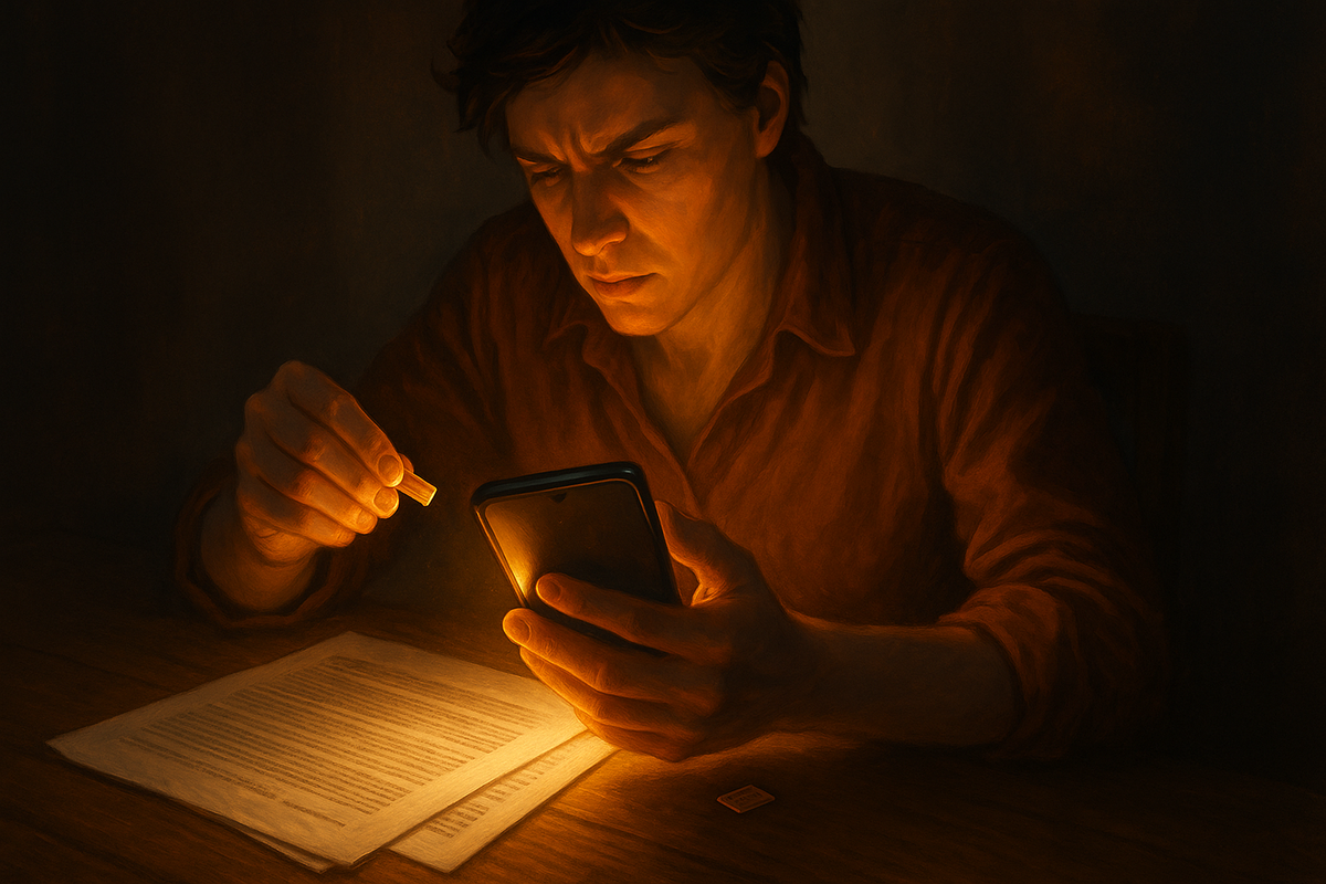 A person standing at a train platform holding two glowing smartphones, symbolizing switching carriers, with determination and nervous energy in their expression  